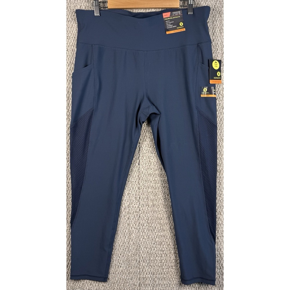 NWT Xersion High Compression 7/8 Leggings XXL Blue Pockets Workout Gym